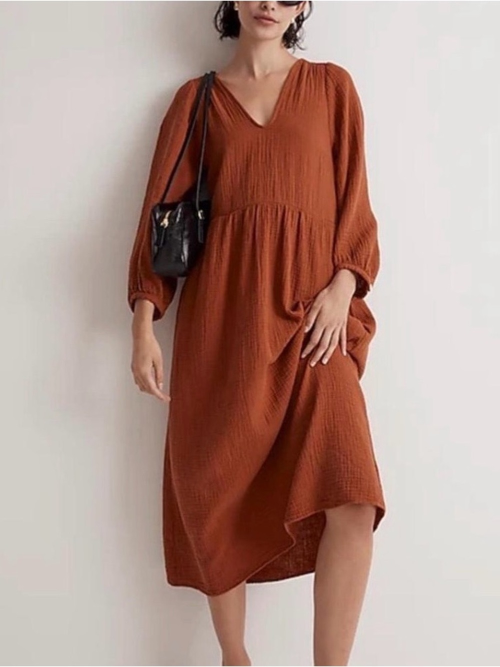 Madewell Lightspun Cotton Gauze V-Neck Midi Dress Burnt Clay Minimalist Small
